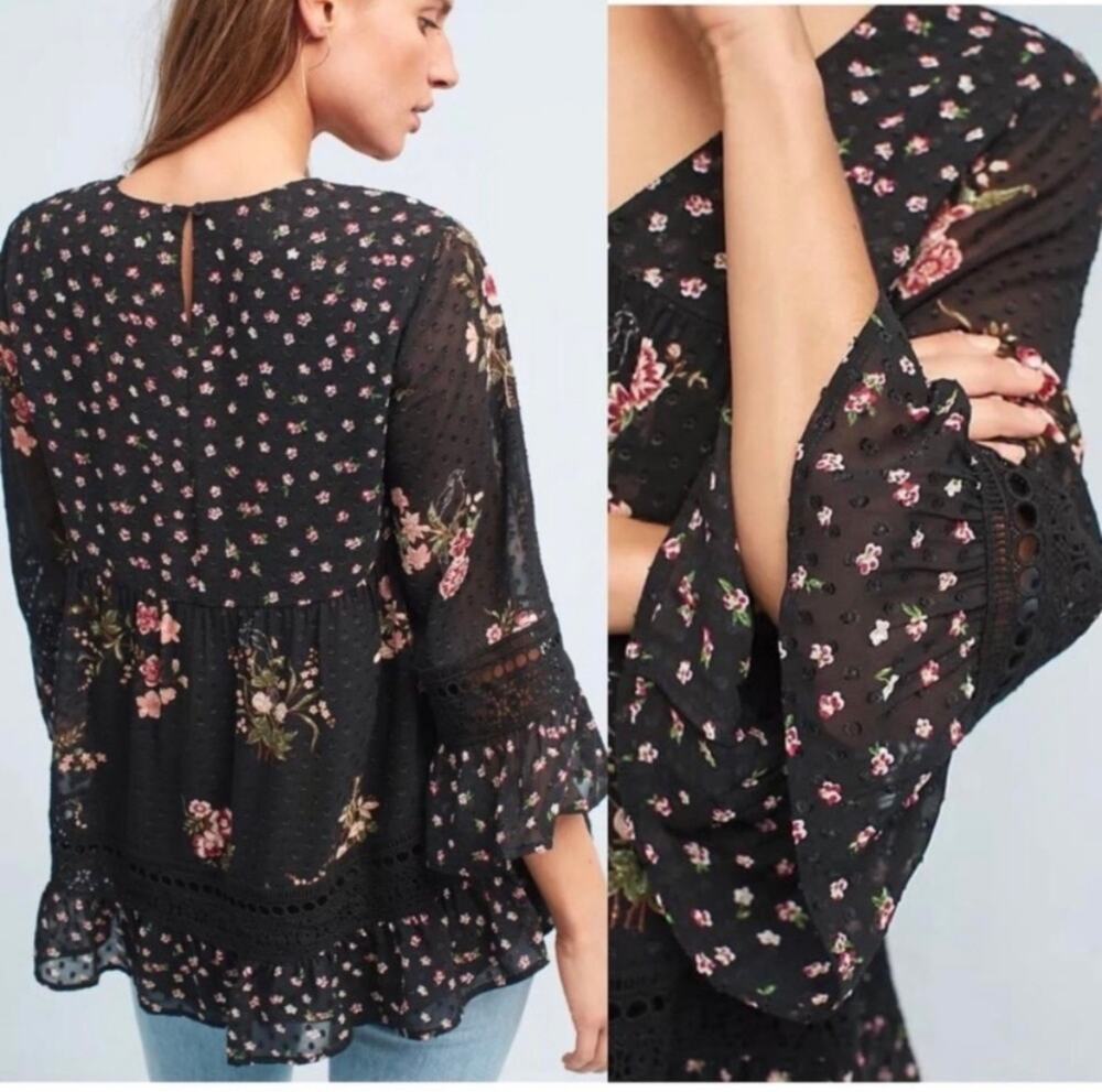 Anthropologie Maeve Steffy Bell-Sleeve Floral Chiffon Overlay Top Black SZ Small